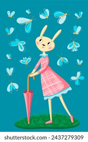 Lindo conejo en un vestido rosa en un prado verde, mariposas. Concepto de Pascua. Plantilla para tarjeta, póster, banner, textil, papel, impresión. Ilustración vectorial en estilo moderno.