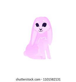 Cute rabbit with pink fur sitting isolated on white background. Cartoon cute colorful fluffy bunny character in vector illustration. Adorable dreamlike hare with pretty face.