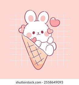 Cute rabbit with pink heart valentine's day kawaii animal illustration.

