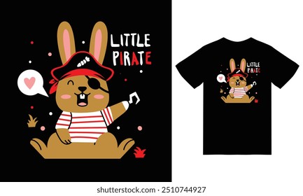 Cute rabbit pirate illustration with tshirt design premium vector the Concept of Isolated Technology. Flat Cartoon Style Suitable for Landing Web Pages,T shirt, Flyers, Stickers