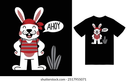 Cute rabbit pirate illustration with tshirt design premium vector the Concept of Isolated Technology. Flat Cartoon Style Suitable for Landing Web Pages,T shirt, Flyers, Stickers