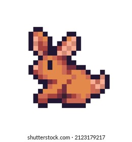 Cute Rabbit Pixel Art Icon. Country Hare. Farm Animal Logo. Game Development, Mobile App. 8-bit Sprite. Isolated Vector Illustration