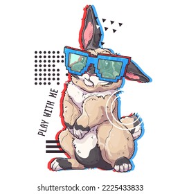 Cute rabbit with pixel glasses. Play with me - lettering quote. Fluffy bunny for posters, postcards, t-shirt prints. Vector hand drawn style illustration.