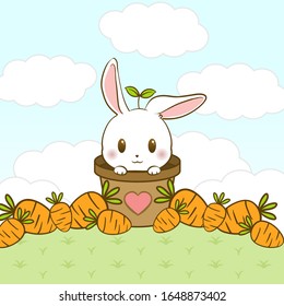 Cute rabbit in a plant with a lot of carrots.