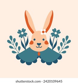 Cute rabbit with plants, flowers, leaves, collar. Vector illustration of white bunny for Easter card, banner, sticker, badge. Cottagecore, village life concept. Flat design. Cartoon funny animal.