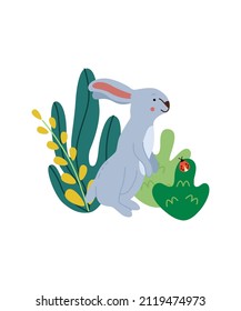 Cute rabbit and plants in trendy flat style. Vector illustration isolated on white background. Cartoon kids scene poster. 