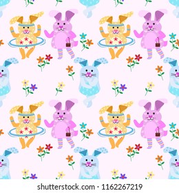 Cute rabbit play blue ring seamless pattern for fabric textile wallpaper.
