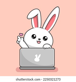 Cute Rabbit Play Laptop Cartoon - Bunny Hiding Behind Laptop Love Hand