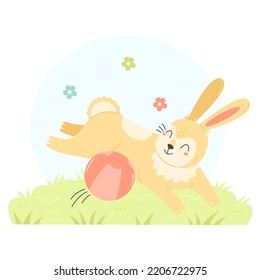Cute rabbit is playing with a ball. A running bunny character in a cartoon flat style. Vector summer children's illustration.