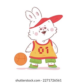 Cute rabbit playing basketball vector cartoon character isolated on a white background.