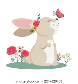 Cute rabbit playing with butterfly, easter character.