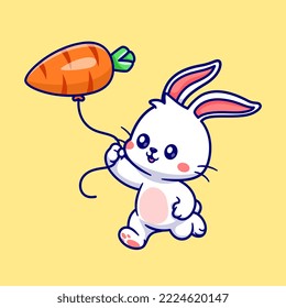 Cute Rabbit Playing WIth Carrot Balloon Cartoon Vector Icon Illustration. Animal Holiday Icon Concept Isolated Premium Vector. Flat Cartoon Style