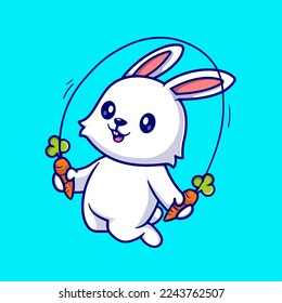 Cute Rabbit Playing Carrot Jump Rope Cartoon Vector Icon Illustration. Animal Sport Icon Concept Isolated Premium Vector. Flat Cartoon Style