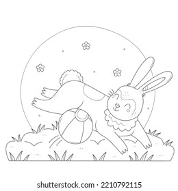 Cute rabbit is playing with a coloring pages ball. A running bunny with a toy children's coloring book. Vector black and white illustration.