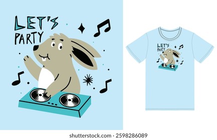 Cute rabbit playing dj music illustration with tshirt design premium vector the Concept of Isolated Technology. Flat Cartoon Style Suitable for Landing Web Pages,T shirt, Flyers, Stickers
