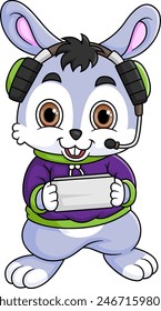 Cute rabbit Playing Game With Headphone Cartoon of illustration