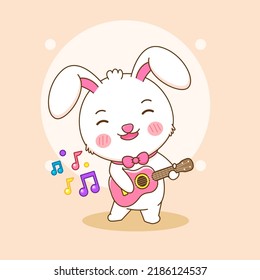 Cute rabbit playing guitar. Bunny cartoon character illustration.