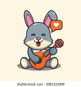 Cute rabbit playing guitar. Cute cartoon animal illustration.