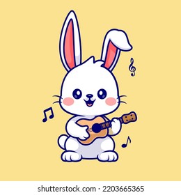 Cute Rabbit Playing Guitar Cartoon Vector Icon Illustration. Animal Music Icon Concept Isolated Premium Vector. Flat Cartoon Style