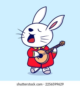 Cute rabbit playing guitar cartoon vector icon illustration
