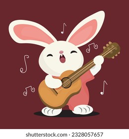 Cute Rabbit Playing Guitar Cartoon Vector Illustration. Animal Music  Concept, Flat Cartoon Style.