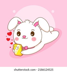 Cute rabbit playing hand phone. Bunny cartoon character illustration.