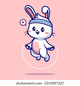 Cute Rabbit Playing Jump Rope Cartoon Vector Icon Illustration. Animal Sport Icon Concept Isolated Premium Vector. Flat Cartoon Style