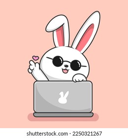 Cute Rabbit Playing Laptop Cartoon - Bunny Hiding Behind Laptop with Circle Glasses