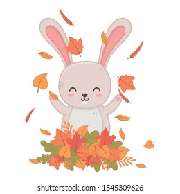 cute rabbit playing with leaves forest hello autumn vector illustration