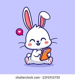 Cute Rabbit Playing Phone Cartoon Vector Icon Illustration. Animal Technology Icon Concept Isolated Premium Vector. Flat Cartoon Style