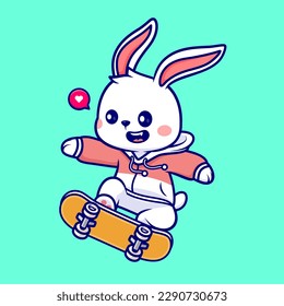 Cute Rabbit Playing Skateboard Cartoon Vector Icon Illustration. Animal Sport Icon Concept Isolated Premium Vector. Flat Cartoon Style