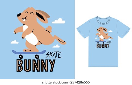 Cute rabbit playing skateboard illustration with tshirt design premium vector vector the Concept of Isolated Technology. Flat Cartoon Style Suitable for Landing Web Pages,T shirt, Flyers, Stickers