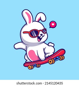 Cute Rabbit Playing Skateboard And Wearing Glasses Cartoon Vector Icon Illustration. Animal Sport Icon Concept Isolated Premium Vector. Flat Cartoon Style