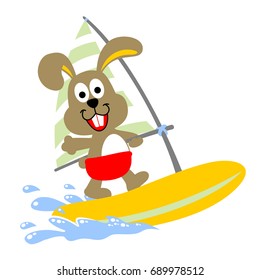 Cute rabbit playing windsurf, vector cartoon illustration 