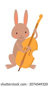 A cute rabbit plays the double bass. Musical vector illustration, jazz band composition, animals with musical instruments.