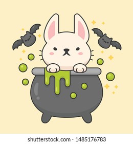 Cute rabbit in a poison pot with bats cartoon animal character vector. Cartoon character design. Halloween party theme.