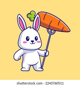 Cute Rabbit Poke Carrot With Fork Cartoon Vector Icon Illustration. Animal Food Icon Concept Isolated Premium Vector. Flat Cartoon Style