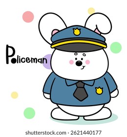 Cute Rabbit Policeman Cartoon Vector Icon Illustration. Kawaii Bunny Animal job. Flat Character Style. Happy Occupation Kid.