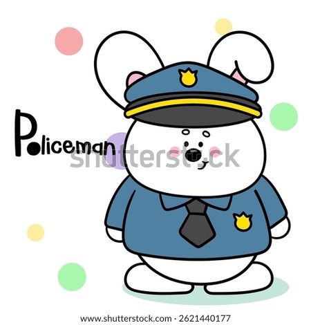 Cute Rabbit Policeman Cartoon Vector Icon Illustration. Kawaii Bunny Animal job. Flat Character Style. Happy Occupation Kid.