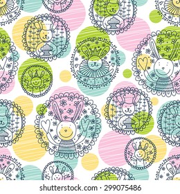 Cute rabbit. Polka dot vector seamless pattern.