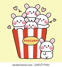 Caricatura de palomitas de conejo. Diseño de roedores de animales. Conejito.Película.Comida y tentempié. Imagen para productos para niños, pegatinas, tarjetas, decoración.Art.Kawaii.Vector.Ilustración.