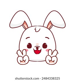 Cute Rabbit Poses Peace Hand Sign Gesture Cartoon Character. Adorable and Kawaii Animal Icon Mascot Concept Design. Logo Vector Illustration. Isolated White Background.