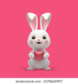 Cute rabbit positive bunny with pink heart 3d icon realistic vector illustration. Adorable smiling hare holding symbol of love and tenderness greeting friendly animal funny character figurine isolated