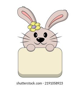 Cute Rabbit with poster without text. Draw illustration in color for congratulation