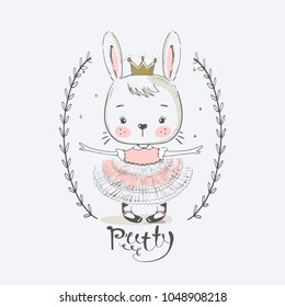 cute rabbit princess with crown.Cartoon hand drawn vector illustration. Can be used for baby t-shirt print, fashion print design, kids wear, baby shower celebration greeting and invitation card.