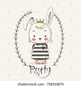 cute rabbit princess with crown.Cartoon hand drawn vector illustration. Can be used for baby t-shirt print, fashion print design, kids wear, baby shower celebration greeting and invitation card.