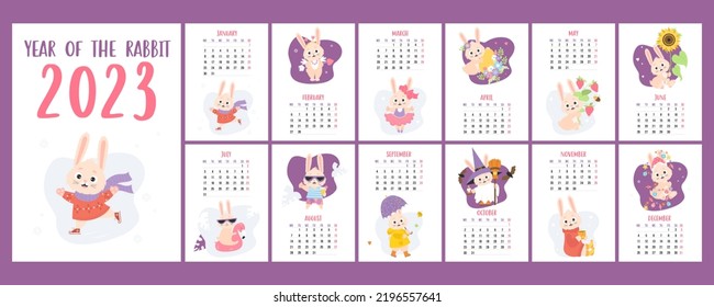 Cute Rabbit Printable Calendar 2023 Vector Stock Vector (Royalty Free