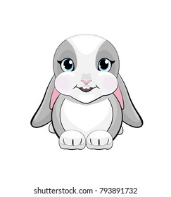 cute rabbit with pubescent ears with emotion of happy. little gray bunny sitting and looking