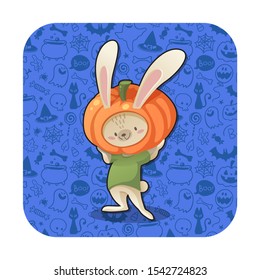 Cute rabbit in the pumpkin hat. Vector Halloween illustration.