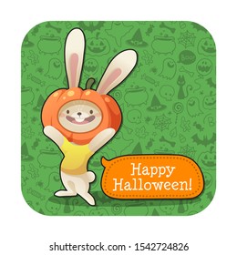 Cute rabbit in the pumpkin hat. Vector Halloween illustration.